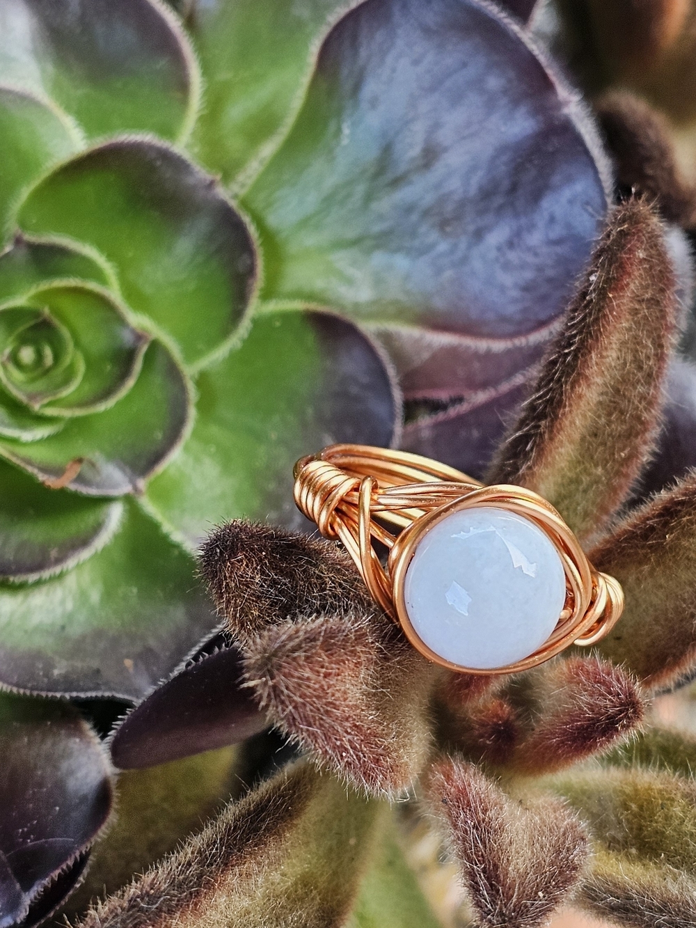 Handcrafted Copper Wire Ring with Light Blue Moon Stone